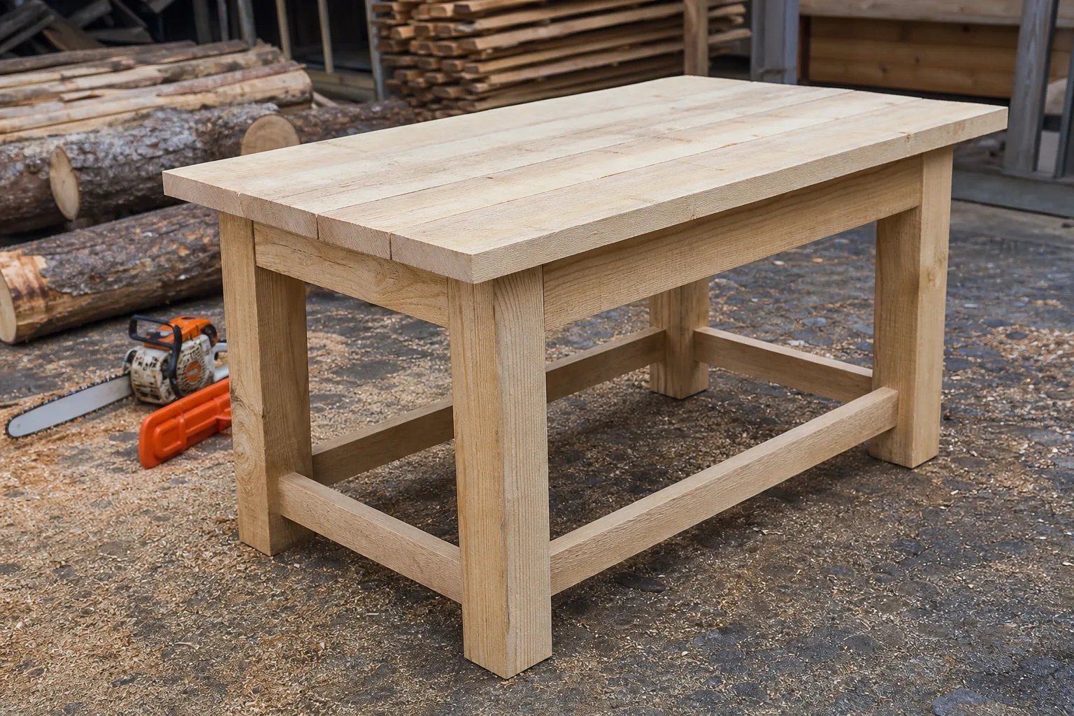 Kettensaege-Anfaengerprojekt: Bau eines stabilen Holztisches aus Bohlen