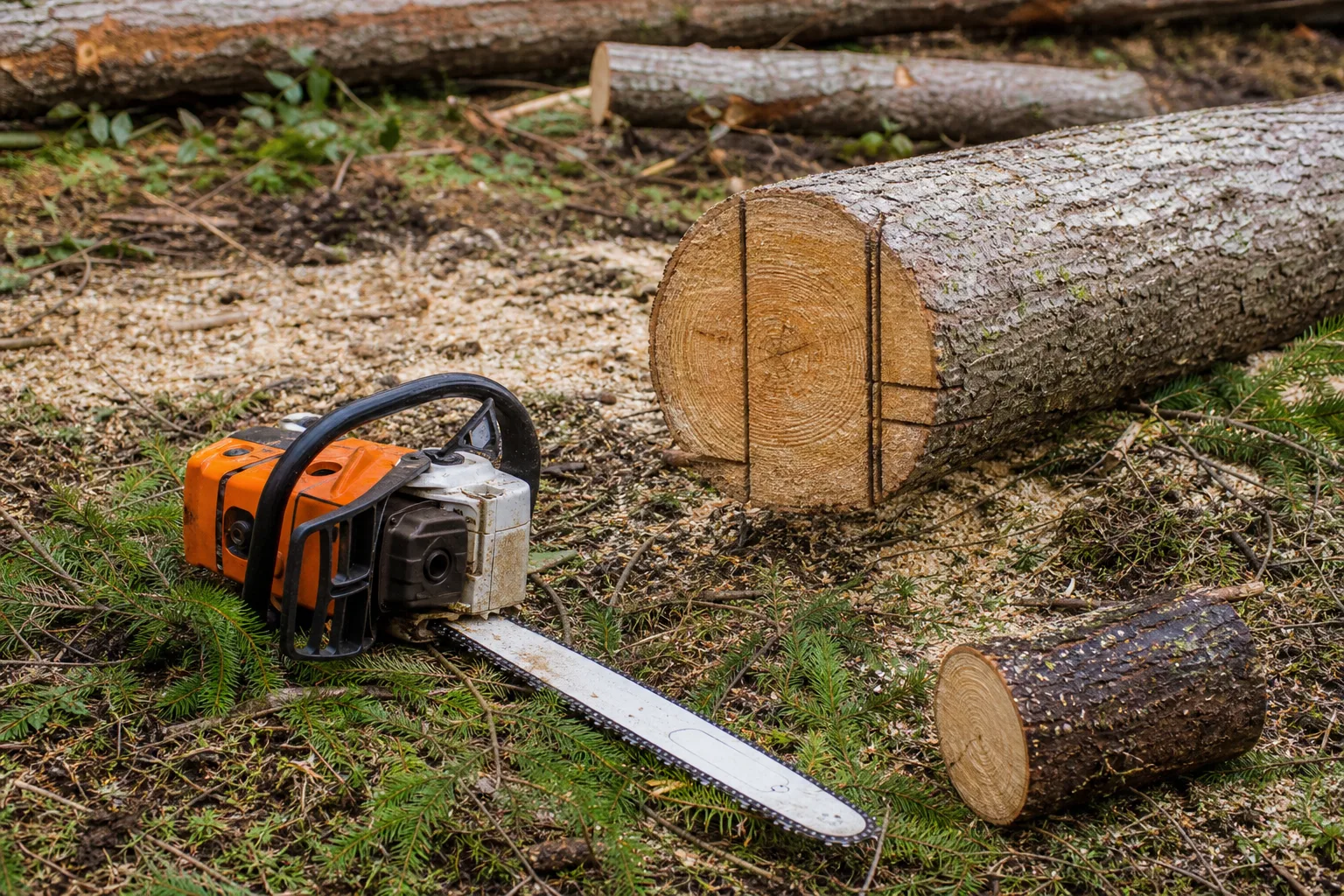Kettensaege bei Stehendem und liegendem Holz: Haltung, Halt und Schnittplanung